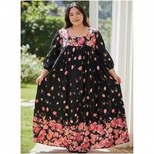 Only Necessities Floral Maxi Dress Women‎ 1X 22/24 Black Pink Cotton Muumuu